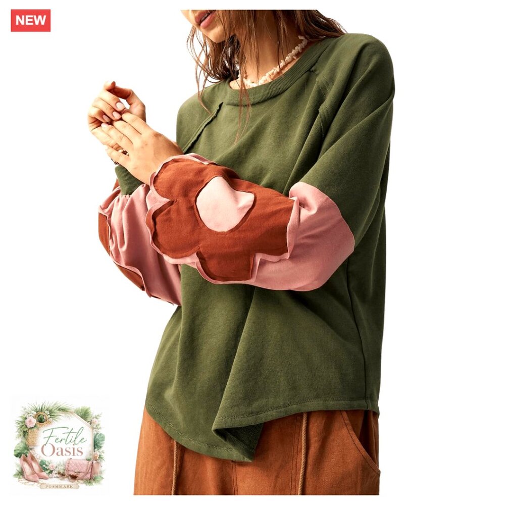 Oversized Boho Patchwork Crewneck Sweatshirt Flor… - image 1